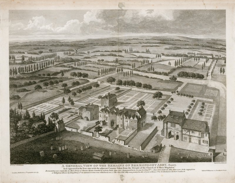 Algemeen uitzicht op de overblijfselen van Bermondsey Abdij, zoals het verscheen in 1805 door English School