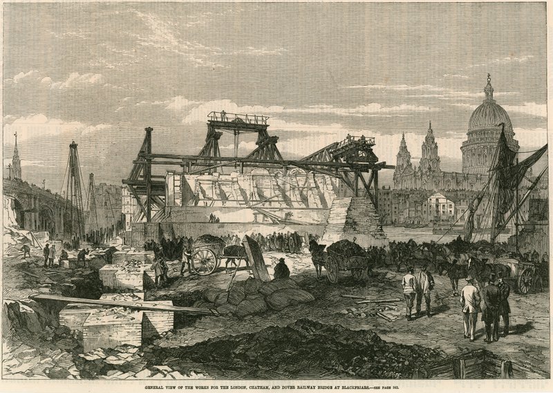 Algemeen uitzicht op de werken voor de London, Chatham en Dover Railway Bridge bij Blackfriars, Londen door English School
