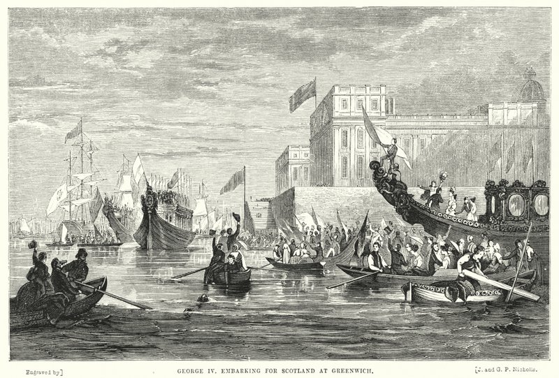George IV vertrekt naar Schotland in Greenwich (gravure) door English School