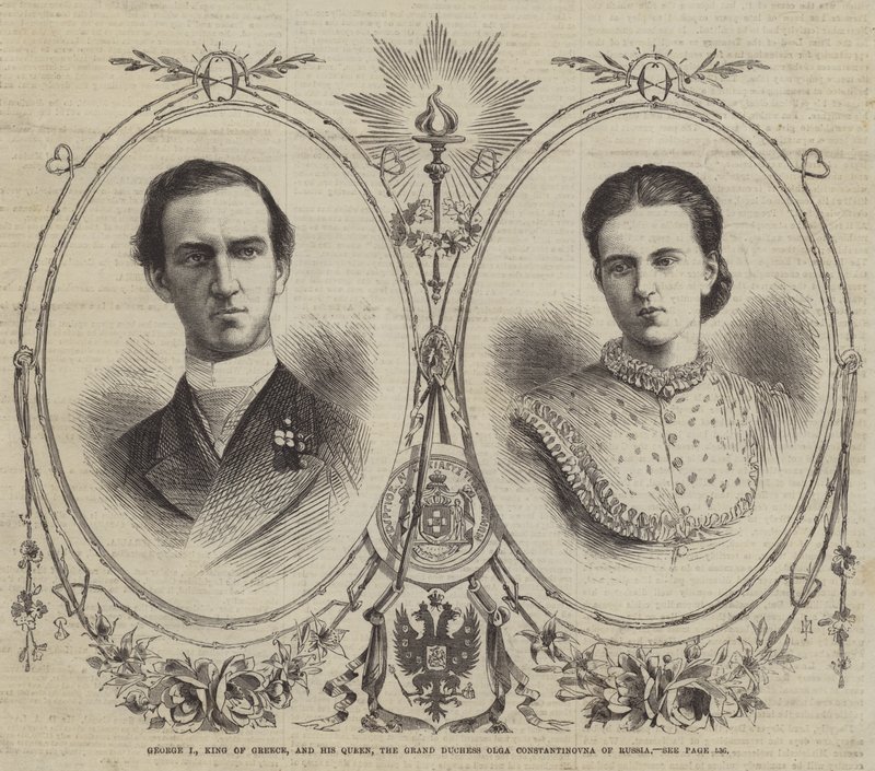 George I, koning van Griekenland, en zijn koningin, de groothertogin Olga Constantinovna van Rusland (gravure) door English School