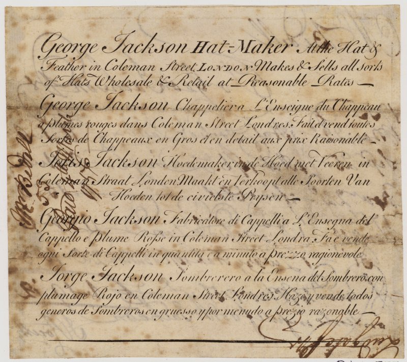 George Jackson, hoedenmaker, Coleman Street, Londen door English School
