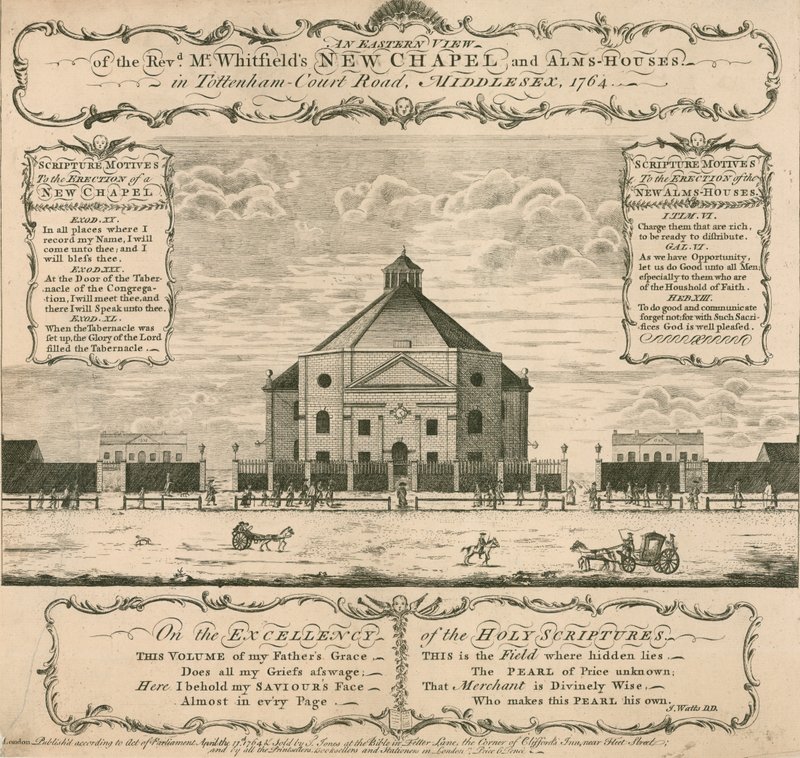 George Whitefields nieuwe Kapel en Almshouses in Tottenham Court Road, Londen, 1764 door English School