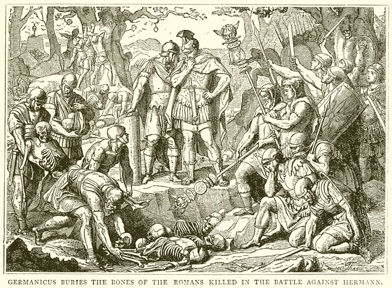 Germanicus begraaft de botten van de Romeinen gedood in de slag tegen Hermann door English School