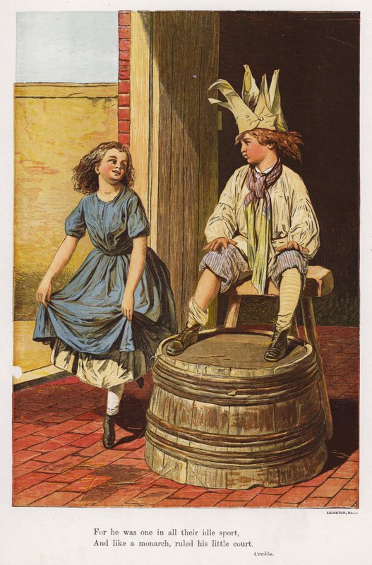 Meisje maakt een reverence voor een jongen die koning speelt (gekleurde gravure) door English School