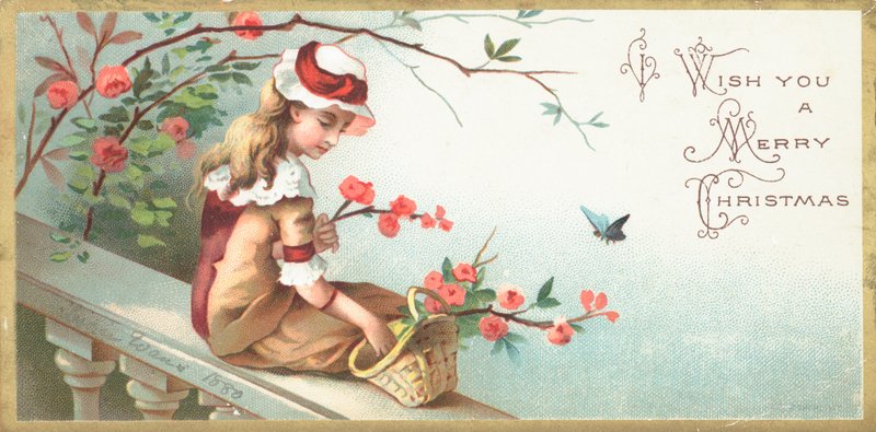Meisje zittend op brug, kerstkaart door English School