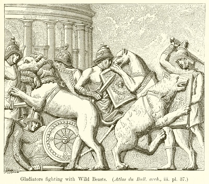 Gladiatoren vechten met wilde beesten (Atlas du Bull. arch., iii. pl. 37) door English School