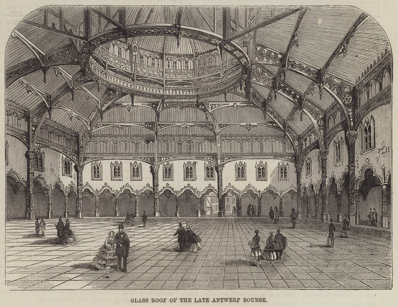 Glazen Dak van de voormalige Beurs van Antwerpen (gravure) door English School