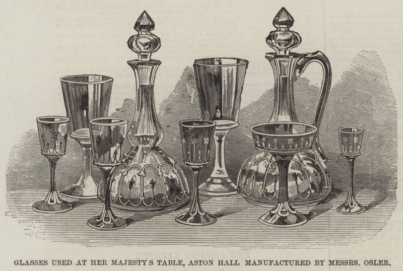 Glazen gebruikt aan de tafel van Hare Majesteit, Aston Hall vervaardigd door Messers Osler (gravure) door English School