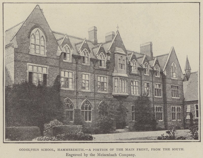 Godolphin School, Hammersmith, een deel van de voorgevel, vanaf het zuiden (gravure) door English School