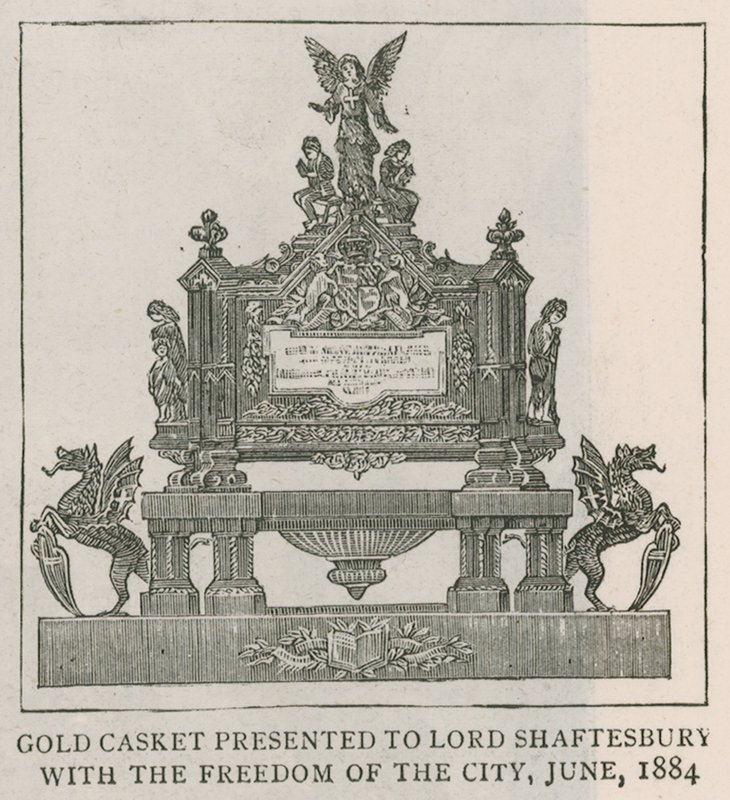 Gouden kistje aangeboden aan Lord Shaftesbury met de vrijheid van de stad, juni 1884 door English School
