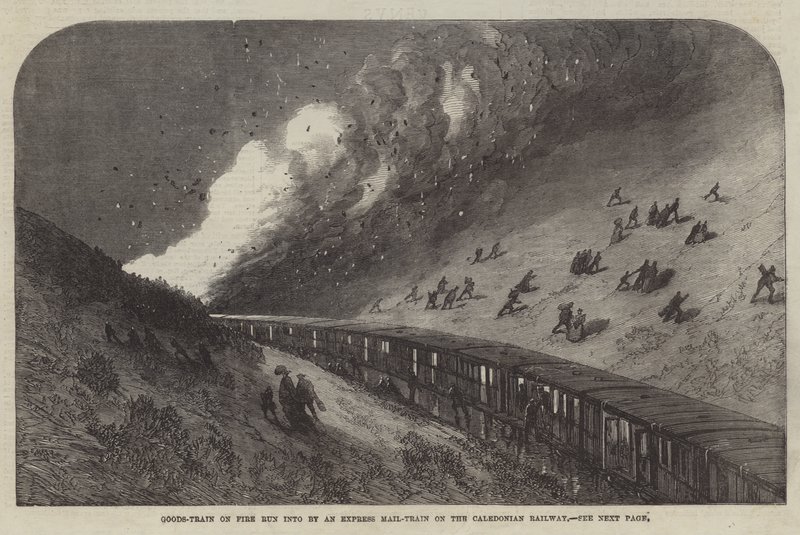 Goederentrein in brand aangereden door een expresposttrein op de Caledonian Railway (gravure) door English School