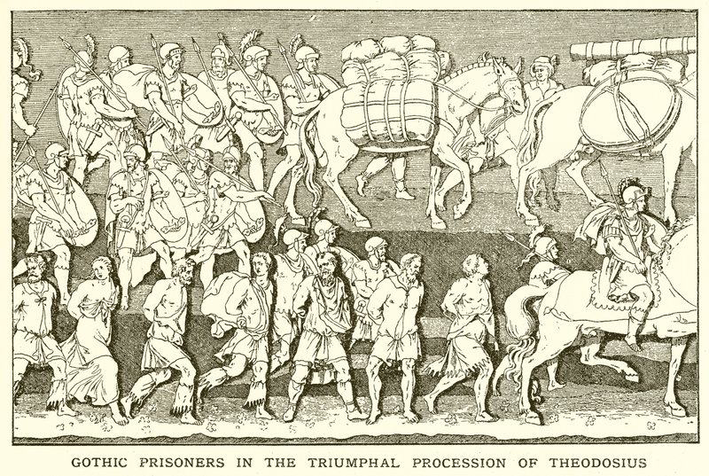 Gotische Gevangenen in de Triomftocht van Theodosius door English School
