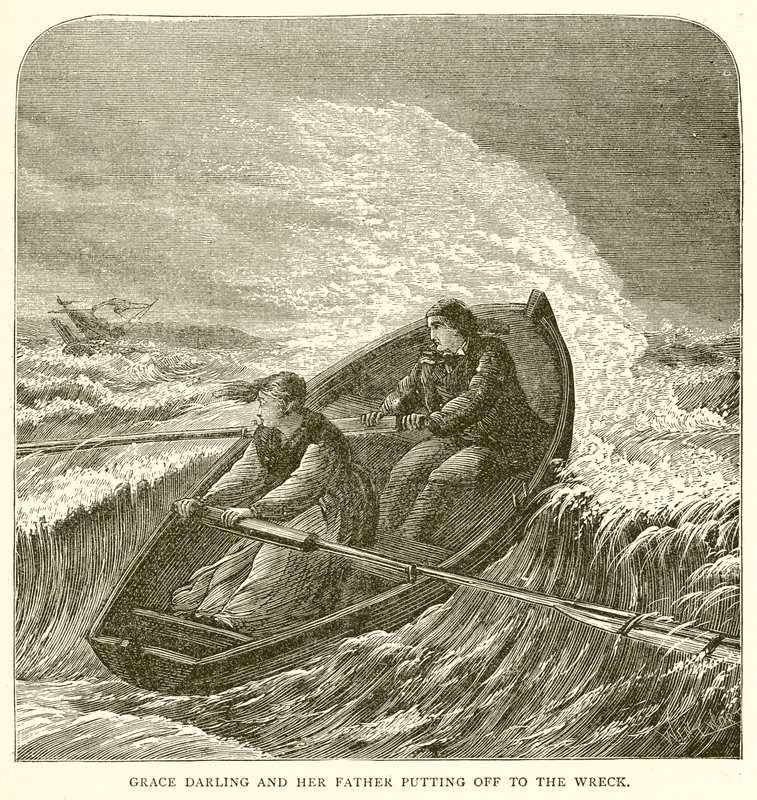 Grace Darling en haar vader vertrekken naar het wrak door English School