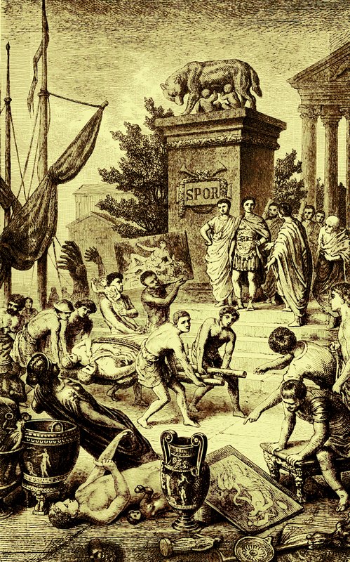 Griekse cultuur - standbeelden en kunstwerken naar Rome gebracht, illustratie uit The Illustrated History of the World, gepubliceerd ca. 1880 door English School