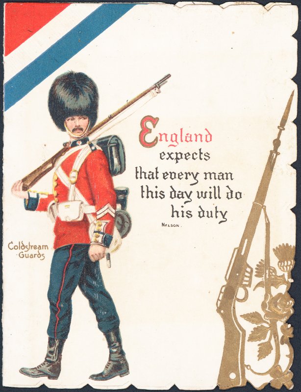 Wenskaart met een soldaat van de Coldstream Guards door English School