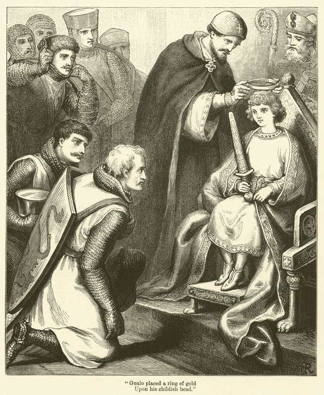 "Gualo plaatste een ring van goud, op zijn kinderhoofdje" (gravure) door English School