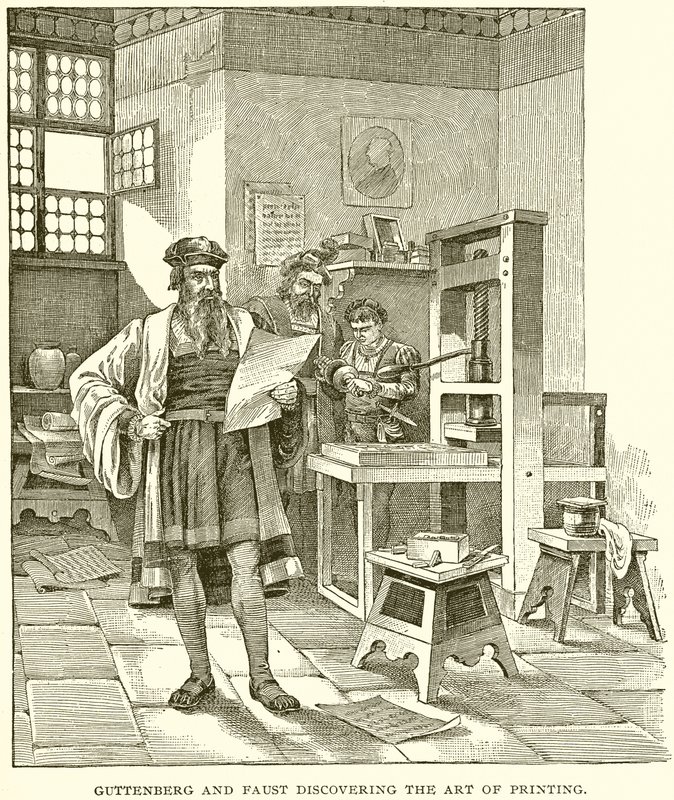 Gutenberg en Faust ontdekken de kunst van het drukken door English School