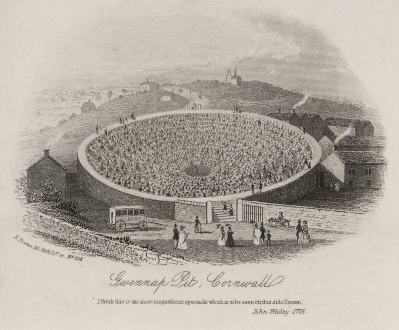 Gwennap Pit, Cornwall, waar John Wesley op talrijke gelegenheden predikte tussen 1762 en 1789 (gravure) door English School