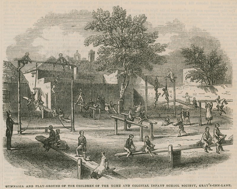 Gymnasia en speelplaats van de kinderen van de Home and Colonial Infant School Society door English School