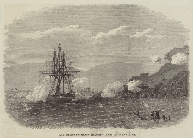 HMS Rinaldo bombardeert Salangore, in de Straat van Malakka door English School