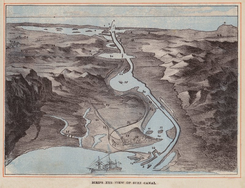 HM Indisch Troepenschip: Vogelvlucht van het Suezkanaal (gekleurde gravure) door English School