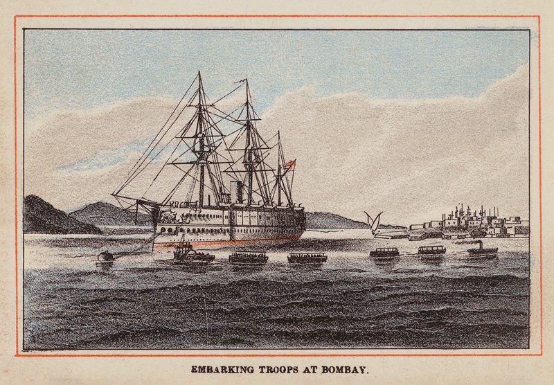 HM Indisch Troepenschip: Troepen inschepen in Bombay (gekleurde gravure) door English School