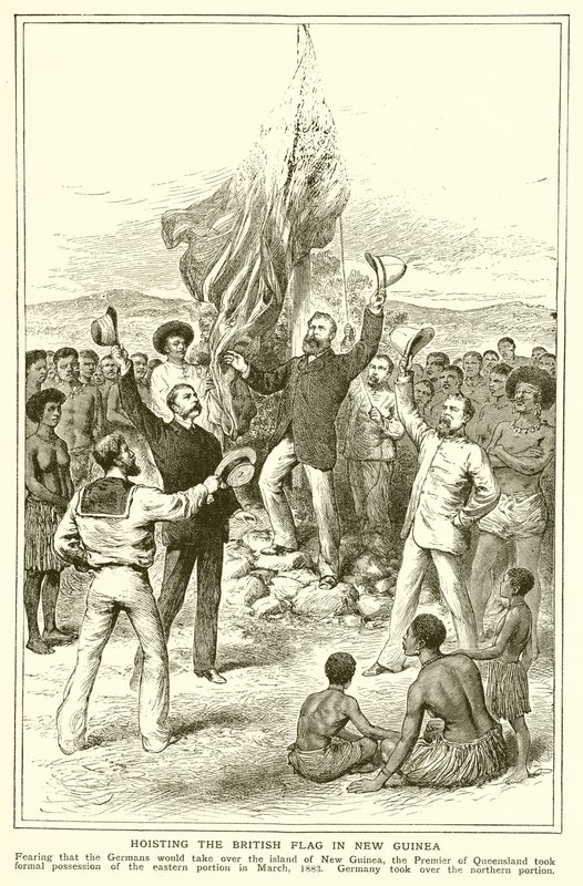 H. M. Chester, Magistraat van Queensland bij het Hijsen van de Britse Vlag in Nieuw-Guinea, maart 1883 door English School