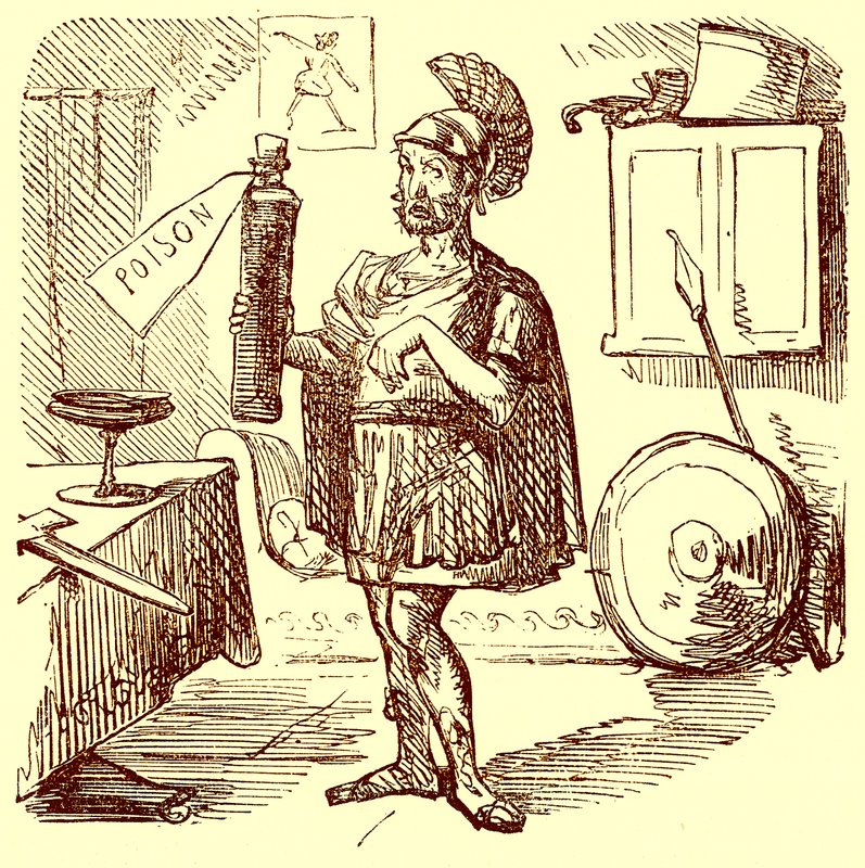Hannibal houdt de gebruikelijke nette en passende toespraak voordat hij zichzelf doodt, illustratie uit De Komische Geschiedenis van Rome door Gilbert Abbott a Beckett, gepubliceerd ca. 1850 door English School