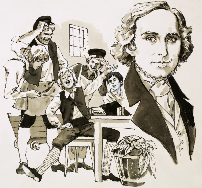 Hans Christian Andersen vermaakt zijn mede-leerlingen door te zingen door English School
