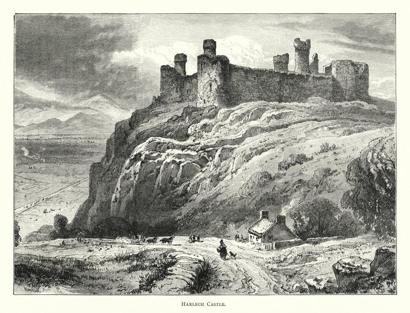 Kasteel van Harlech (gravure) door English School