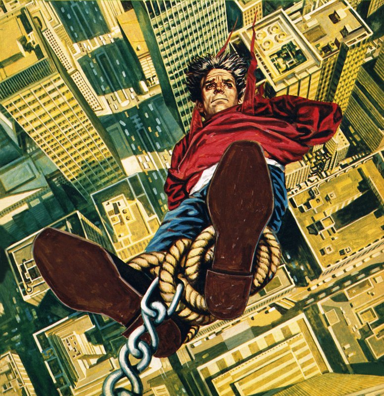 Harry Houdini opgehangen aan de top van een wolkenkrabber in New York door English School