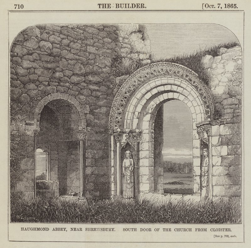 Haughmond Abbey, bij Shrewsbury, Zuiddeur van de Kerk vanuit het Klooster (gravure) door English School