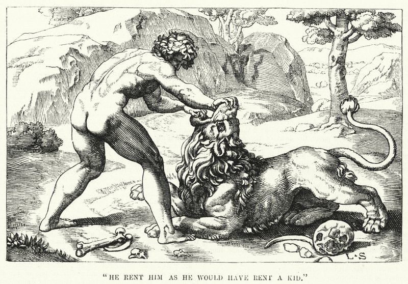"Hij scheurde hem alsof hij een bokje had gescheurd" (gravure) door English School