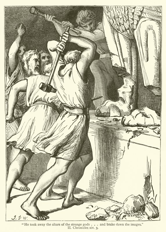 "Hij nam de altaren van de vreemde goden weg... en brak de beelden", II Kronieken, xiv, 3 (gravure) door English School