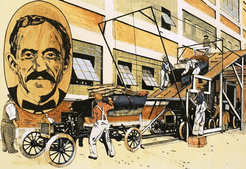 Henry Ford en zijn eerste productielijn van 1908 door English School