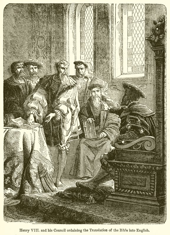 Hendrik VIII en zijn Raad die de vertaling van de Bijbel in het Engels bevelen door English School