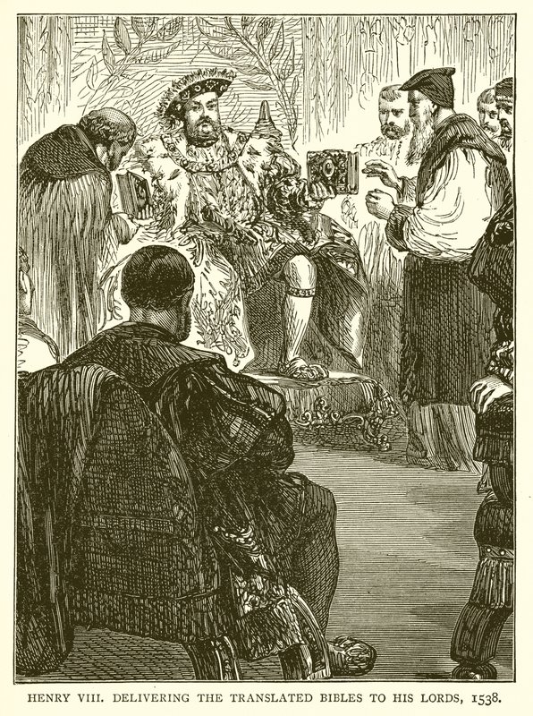 Hendrik VIII overhandigt de Vertaald Bijbels aan zijn Heren, 1538 door English School
