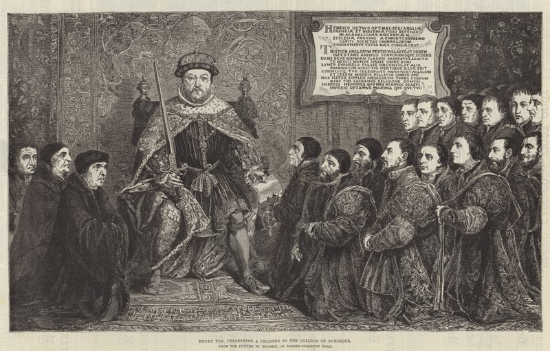 Hendrik VIII presenteert een charter aan het College of Surgeons door English School