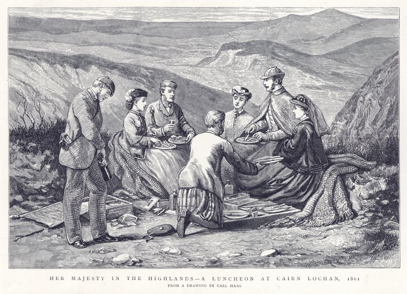 Hare Majesteit in de Hooglanden - Een Lunch bij Cairn Lochan, 1861 door English School
