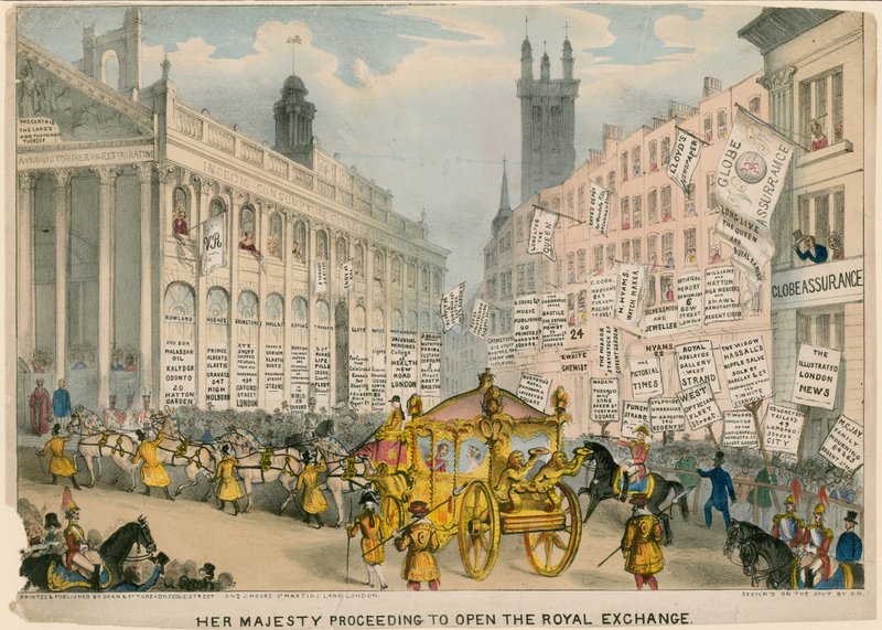 Hare Majesteit op weg om de Royal Exchange, Londen, te openen door English School