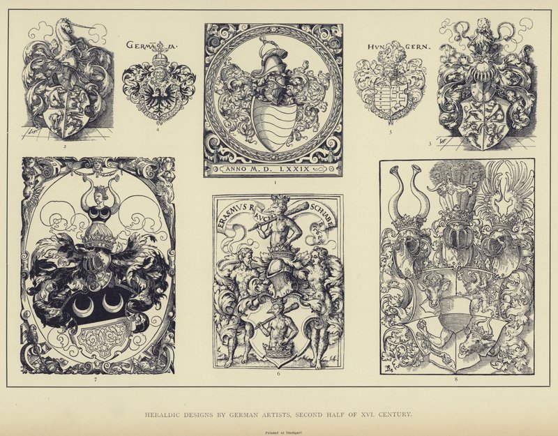 Heraldische ontwerpen door Duitse kunstenaars, tweede helft van de zestiende eeuw (litho) door English School