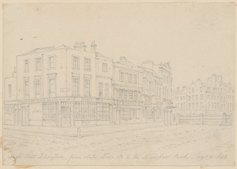 High Street Islington, van White Lion Street, naar de Liverpool Road, 16 augustus 1843 door English School