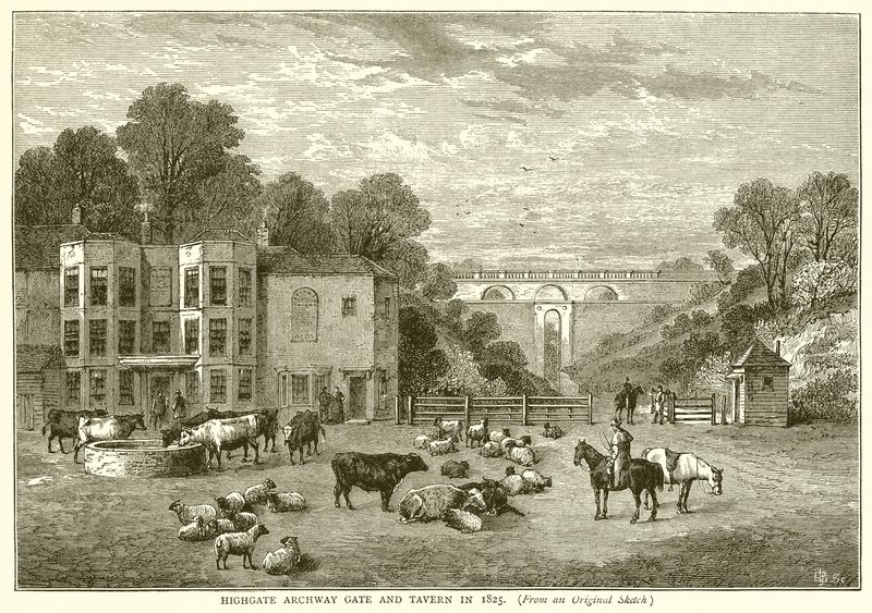 Highgate Archway Gate en Tavern in 1825 door English School