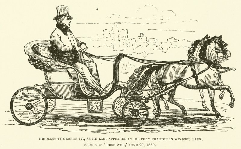 Zijne Majesteit George IV, zoals hij voor het laatst verscheen in zijn pony Phaeton in Windsor Park, uit de Observer, 29 juni 1830 door English School