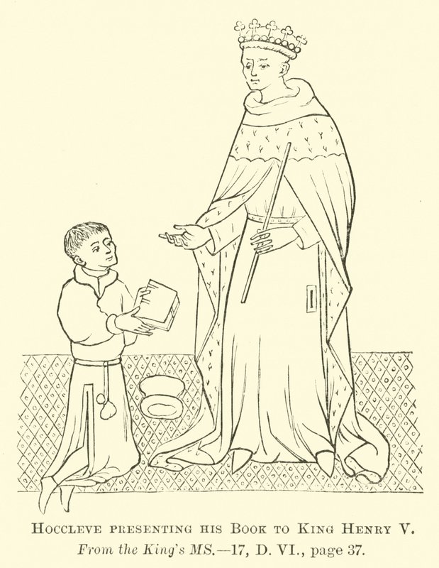 Hoccleve presenteert zijn boek aan koning Hendrik V door English School