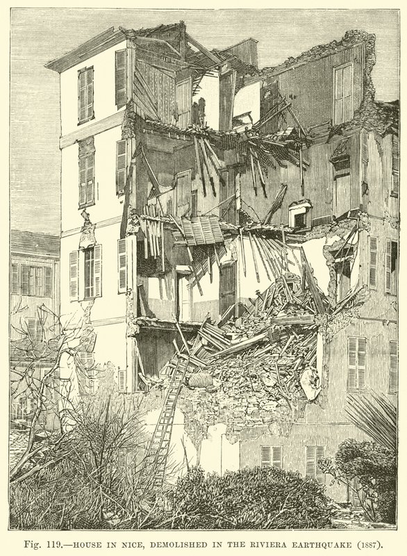 Huis in Nice, verwoest door de aardbeving aan de Rivièra, 1887 door English School