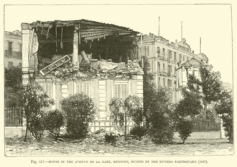 Huis in de Avenue de la Gare, Mentone, verwoest door de aardbeving aan de Rivièra, 1887 door English School