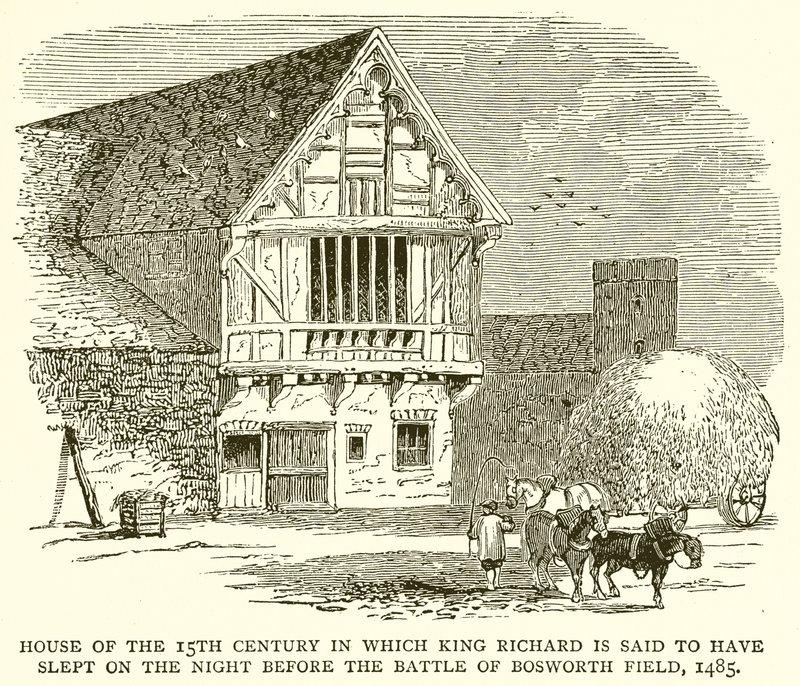 Huis uit de 15e eeuw waarin koning Richard zou hebben geslapen de nacht voor de slag bij Bosworth Field, 1485 door English School