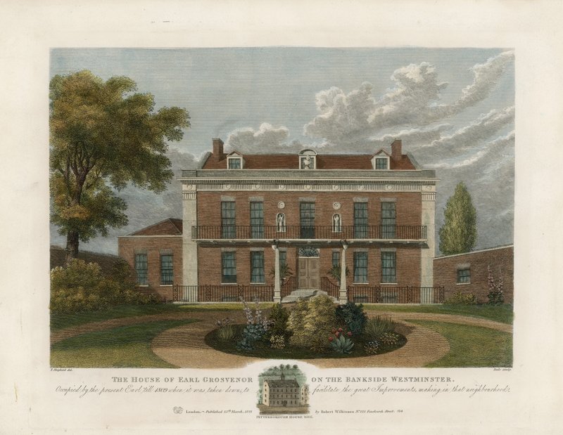 Huis van de Graaf Grosvenor aan de Bankside, Westminster. Afgebroken in 1809 door English School