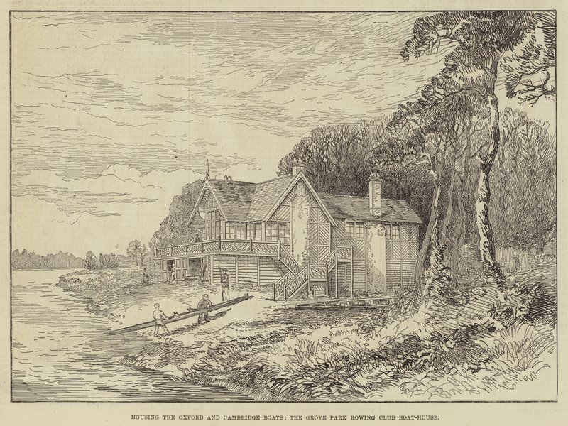 Het onderbrengen van de Oxford en Cambridge boten, het botenhuis van de Grove Park Roeivereniging door English School